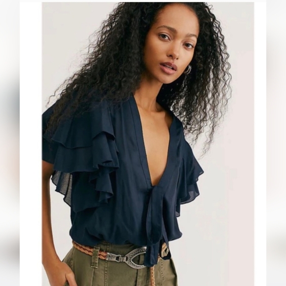 FREE PEOPLE Call Me Later Ruffle Tie Front Boho Rayon Blouse Top.Black. Size SM - Picture 9 of 16